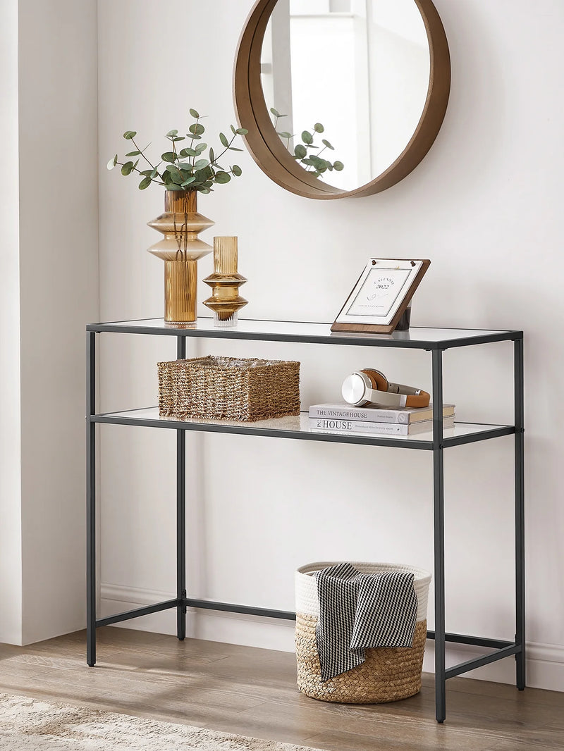 Table console 2 niveaux acier verre noir transparent