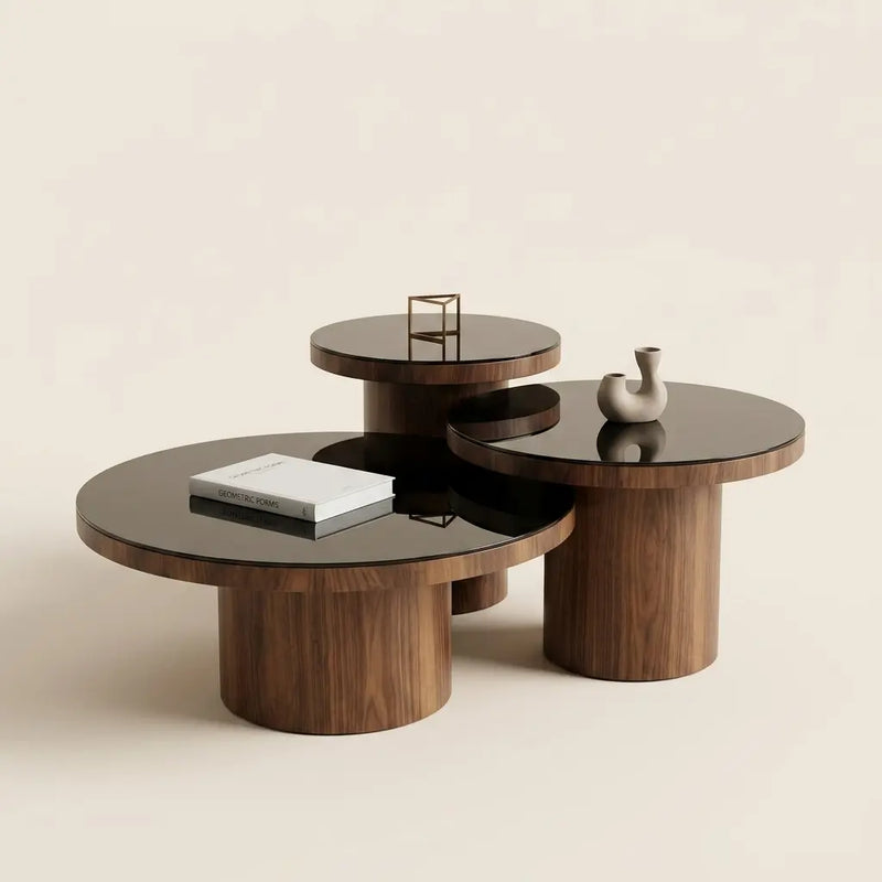 Set de 3 Tables Basses Organiques Noyer & Verre Noir