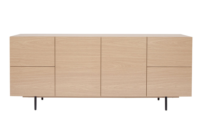 Buffet design finition bois clair chêne et métal noir 2 portes 4 tiroirs