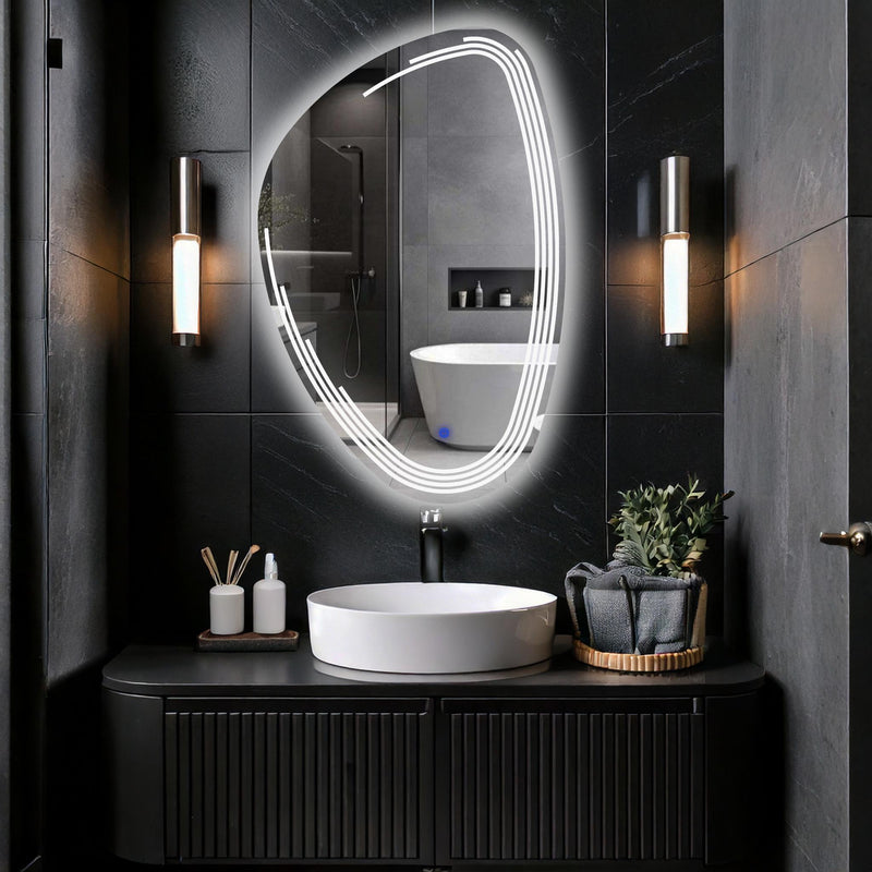Miroir de salle de bain et lavabo LED sablé au laser Fractura