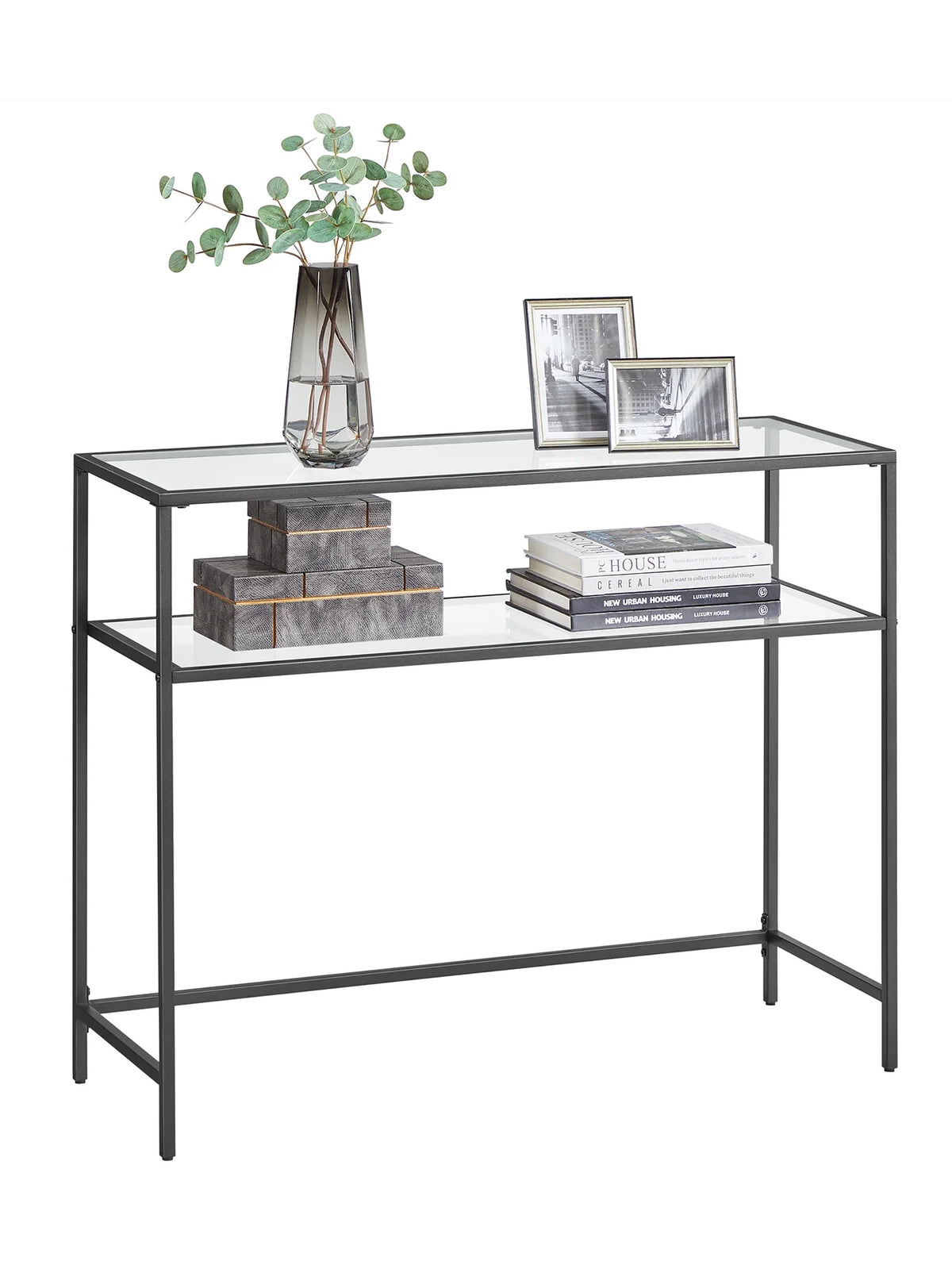 Table console 2 niveaux acier verre noir transparent