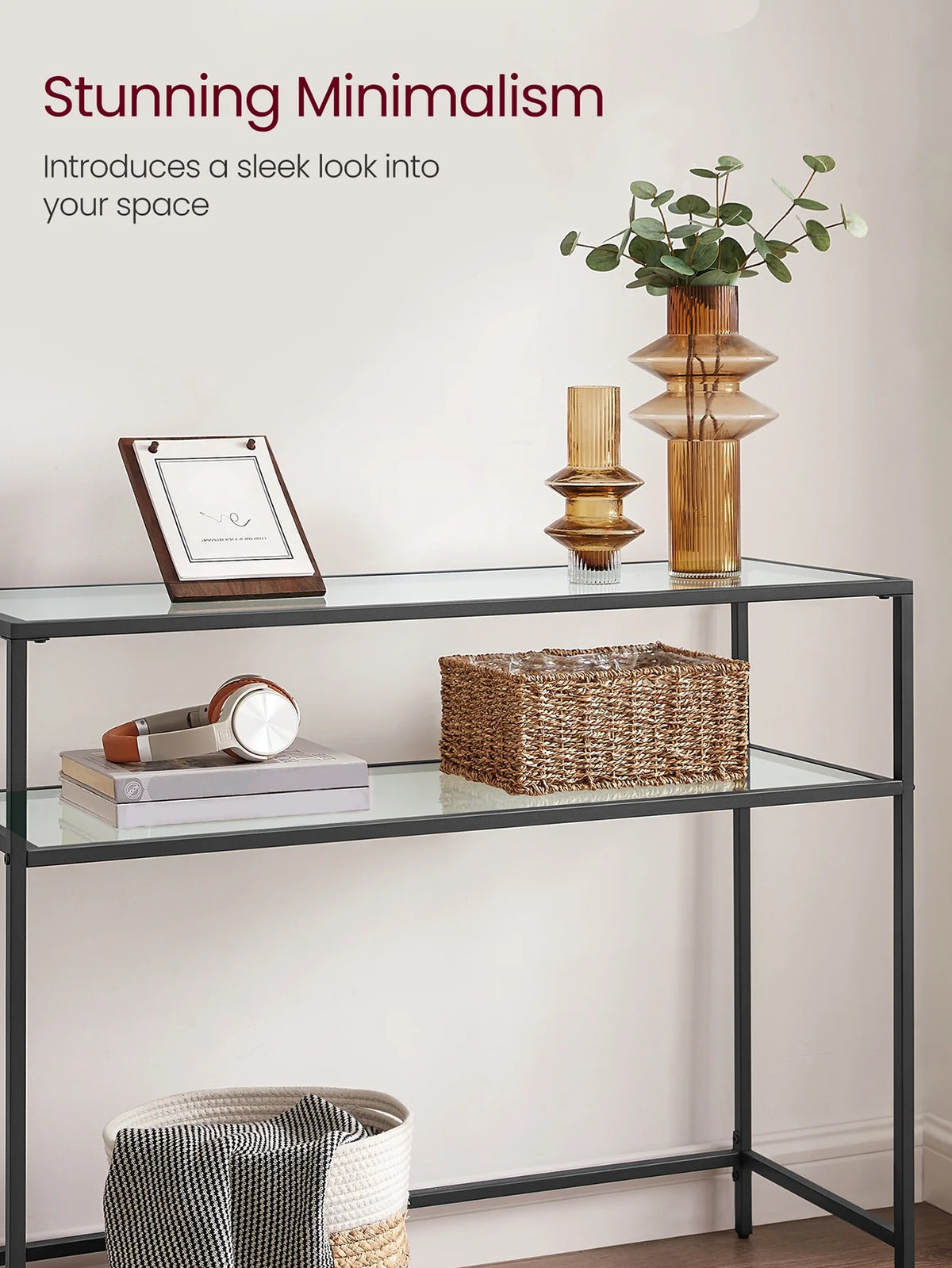 Table console 2 niveaux acier verre noir transparent