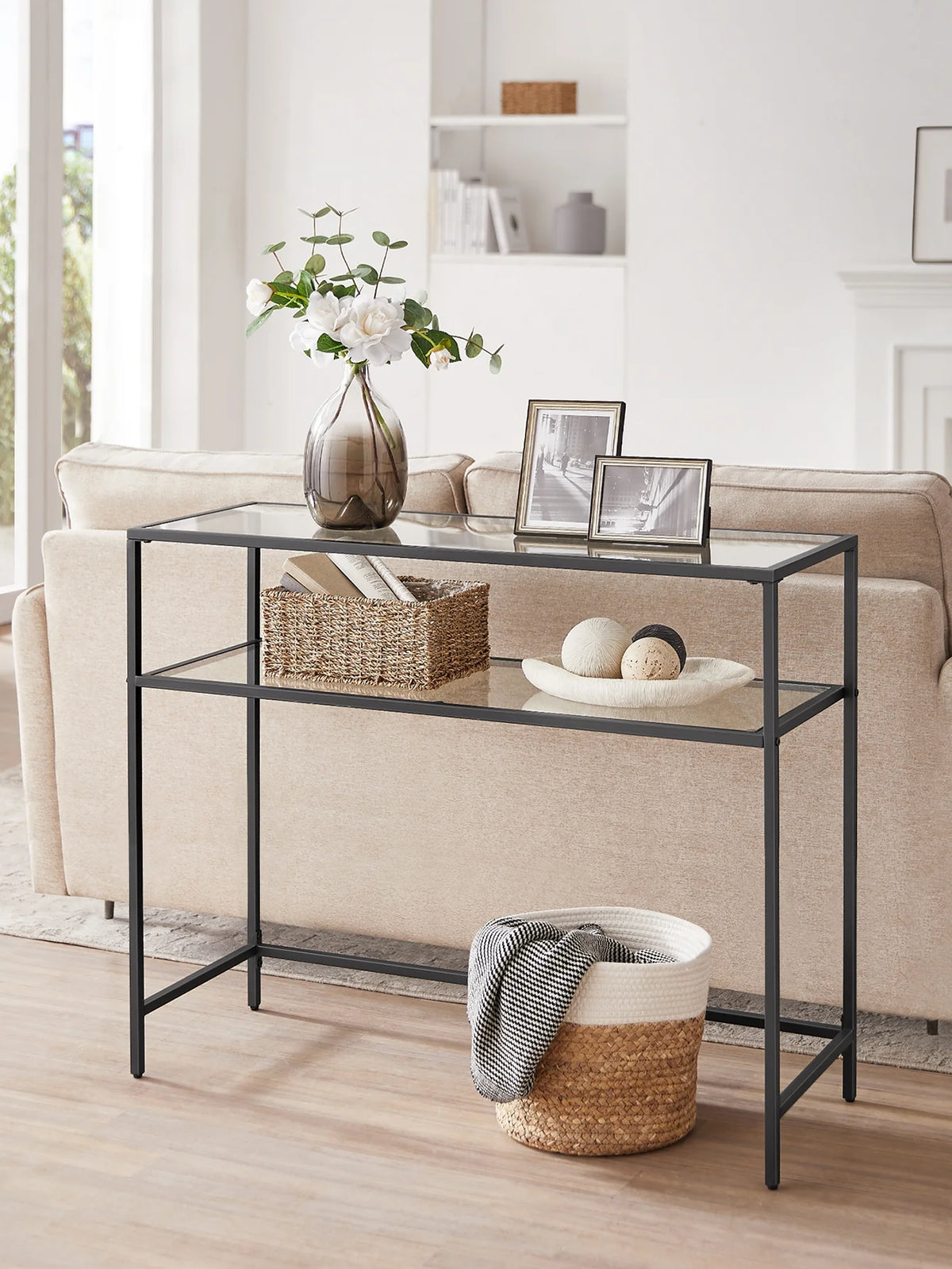 Table console 2 niveaux acier verre noir transparent