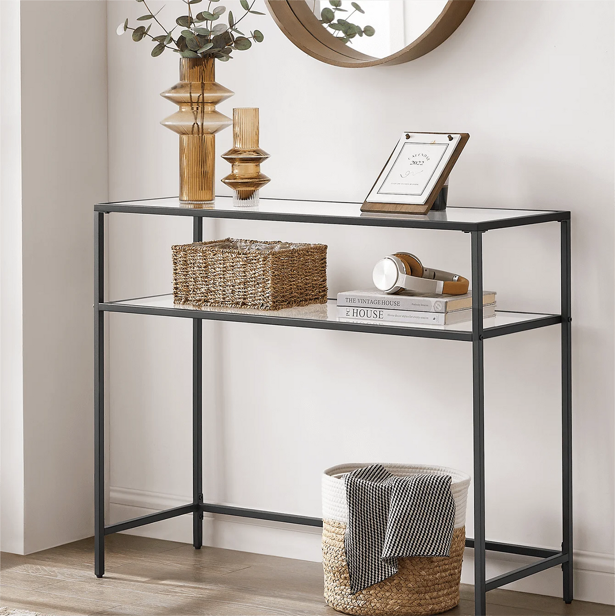 Table console 2 niveaux acier verre noir transparent