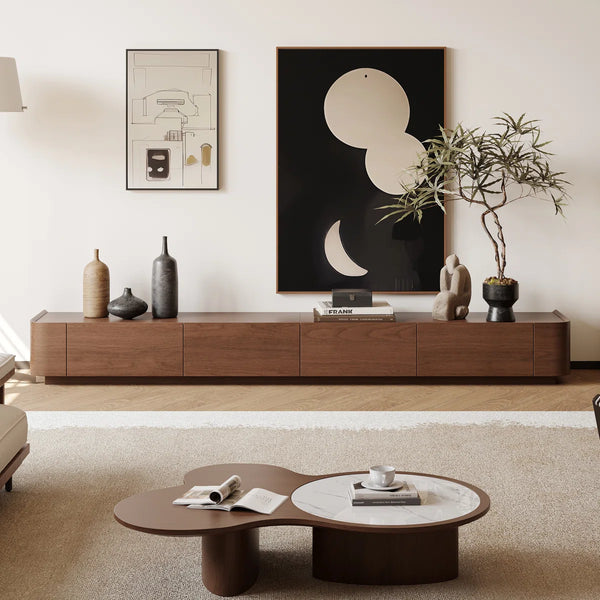 Meuble TV combiné Lydiane  avec rangement, placage bois massif, 4 tiroirs