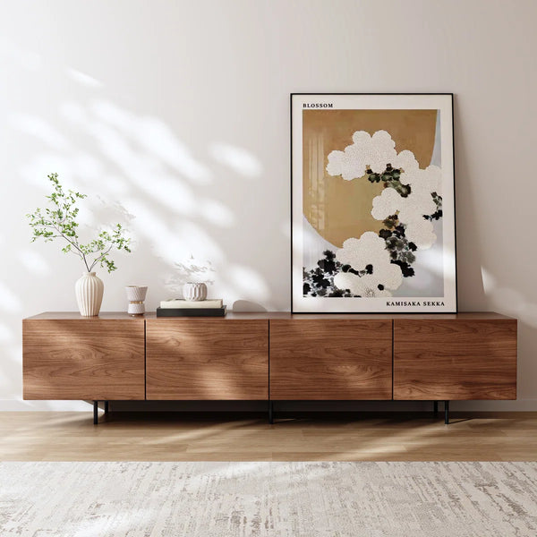 Meuble TV vintage bois foncé noyer et métal noir