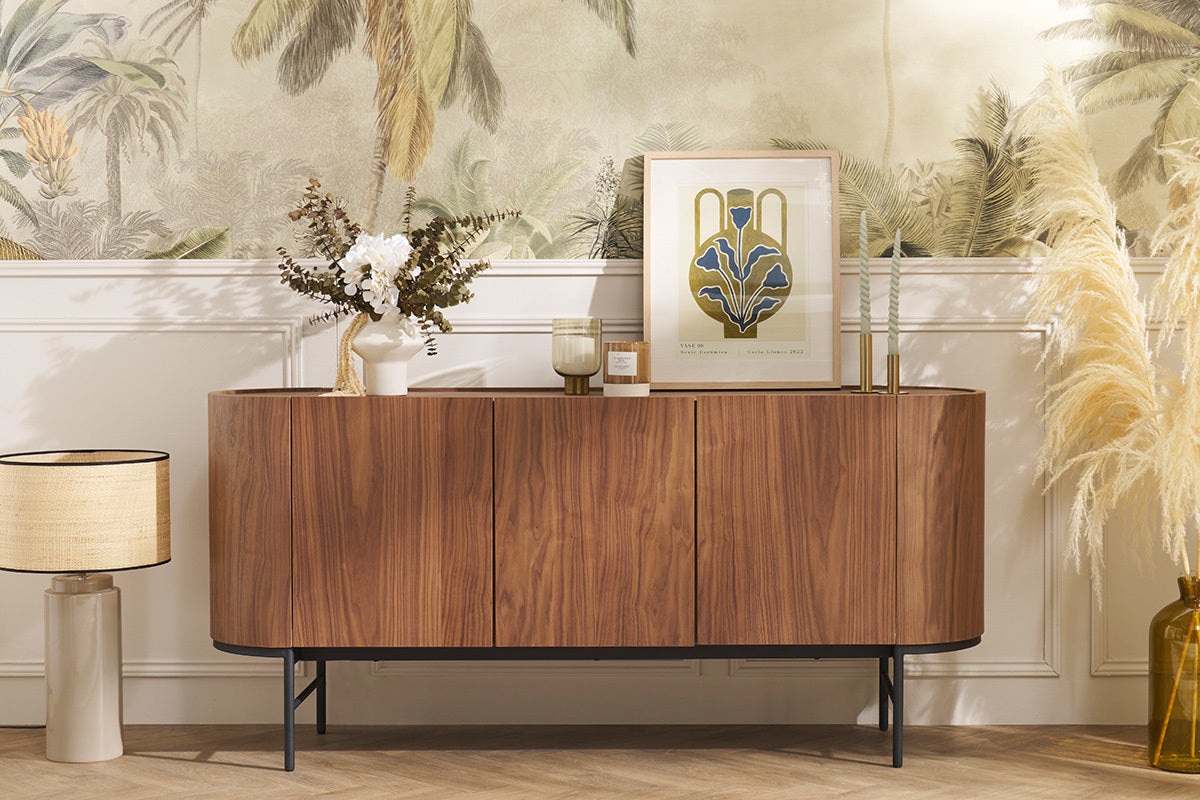 Buffet design bois foncé noyer et métal noir 3 portes