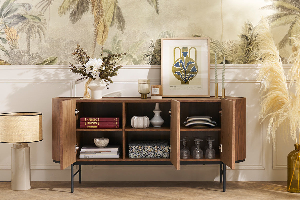 Buffet design bois foncé noyer et métal noir 3 portes