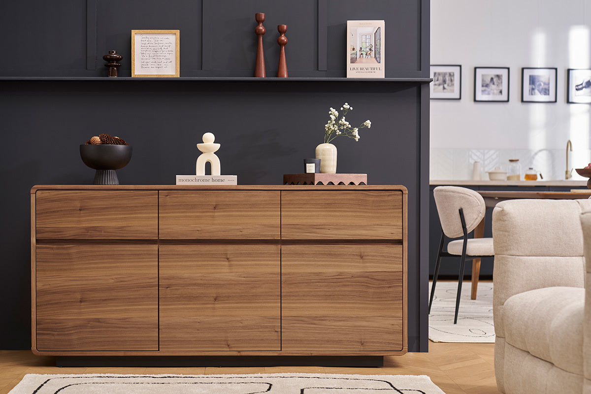 Buffet design en bois foncé noyer 3 portes 3 tiroirs