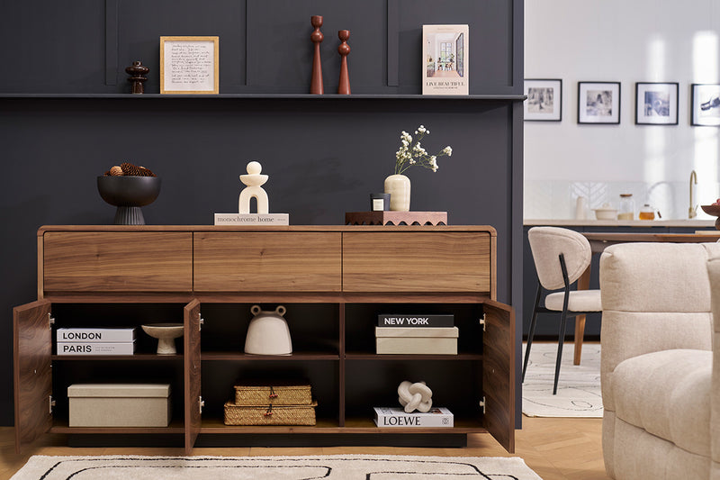 Buffet design en bois foncé noyer 3 portes 3 tiroirs