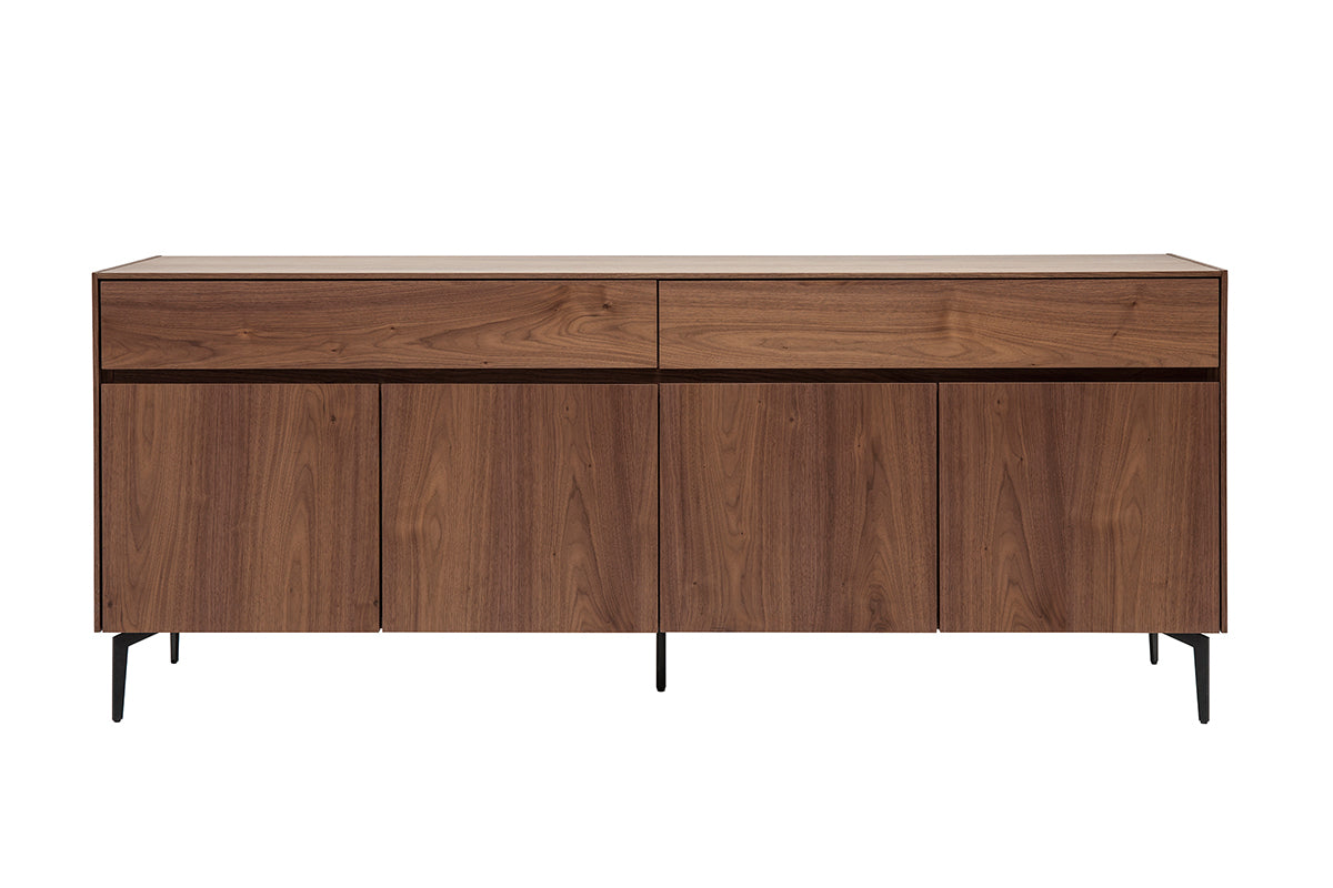 Buffet design en bois foncé noyer et métal noir 4 portes 2 tiroirs