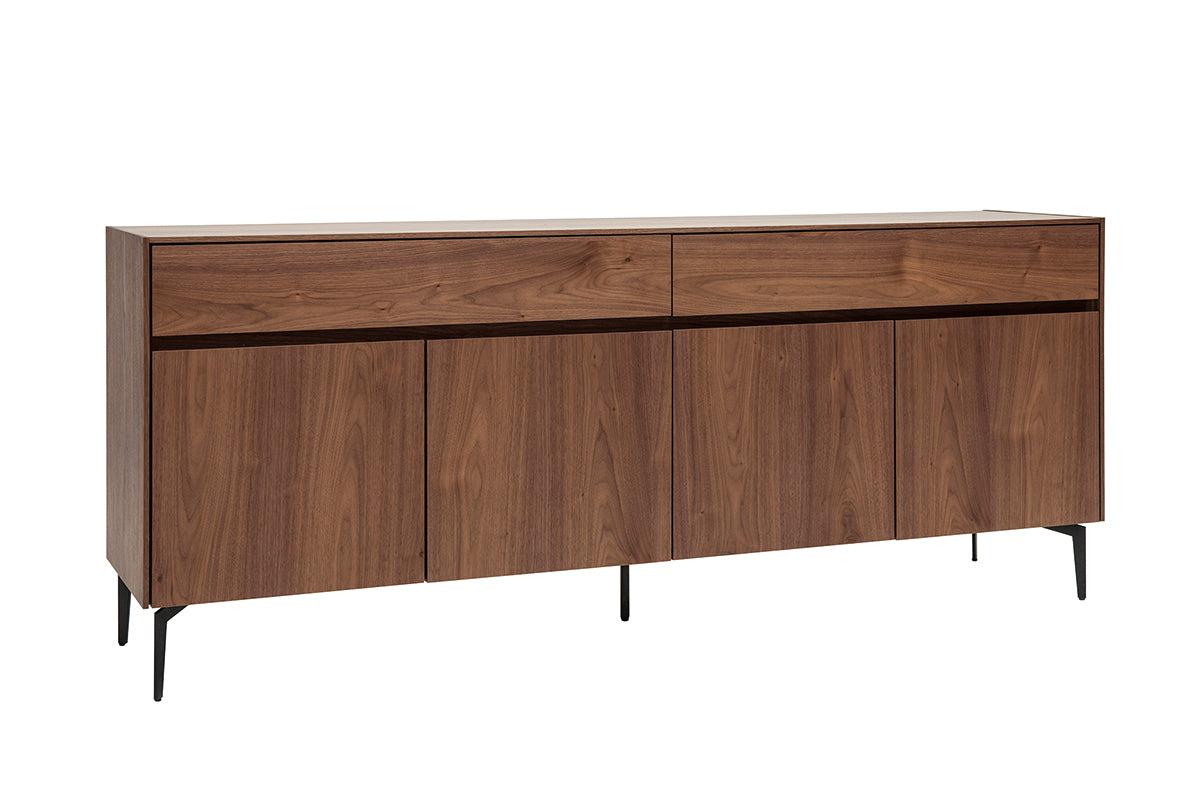 Buffet design en bois foncé noyer et métal noir 4 portes 2 tiroirs