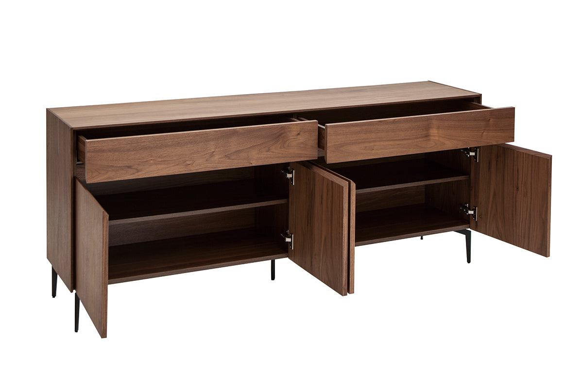 Buffet design en bois foncé noyer et métal noir 4 portes 2 tiroirs
