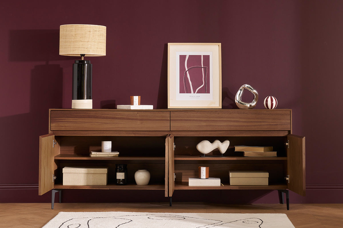 Buffet design en bois foncé noyer et métal noir 4 portes 2 tiroirs