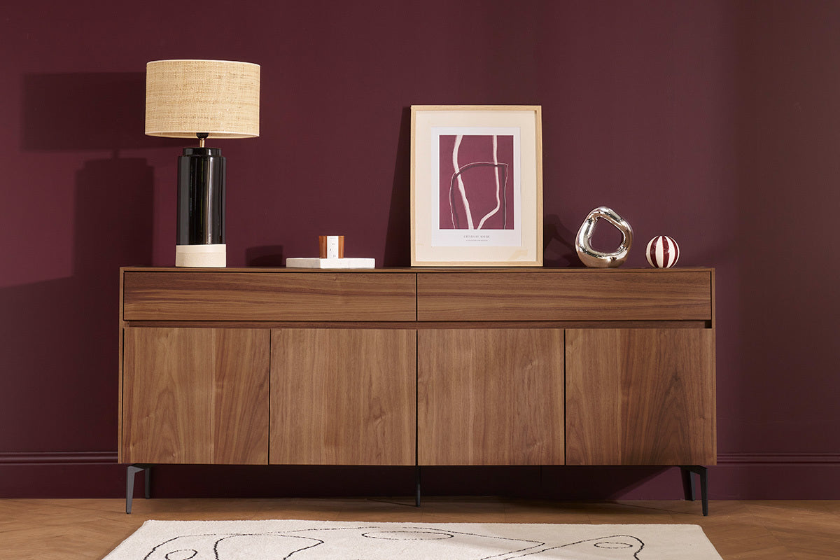 Buffet design en bois foncé noyer et métal noir 4 portes 2 tiroirs