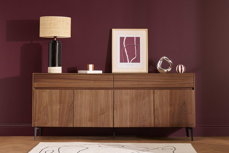 Buffet design en bois foncé noyer et métal noir 4 portes 2 tiroirs