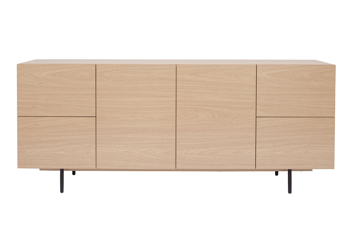 Buffet design finition bois clair chêne et métal noir 2 portes 4 tiroirs
