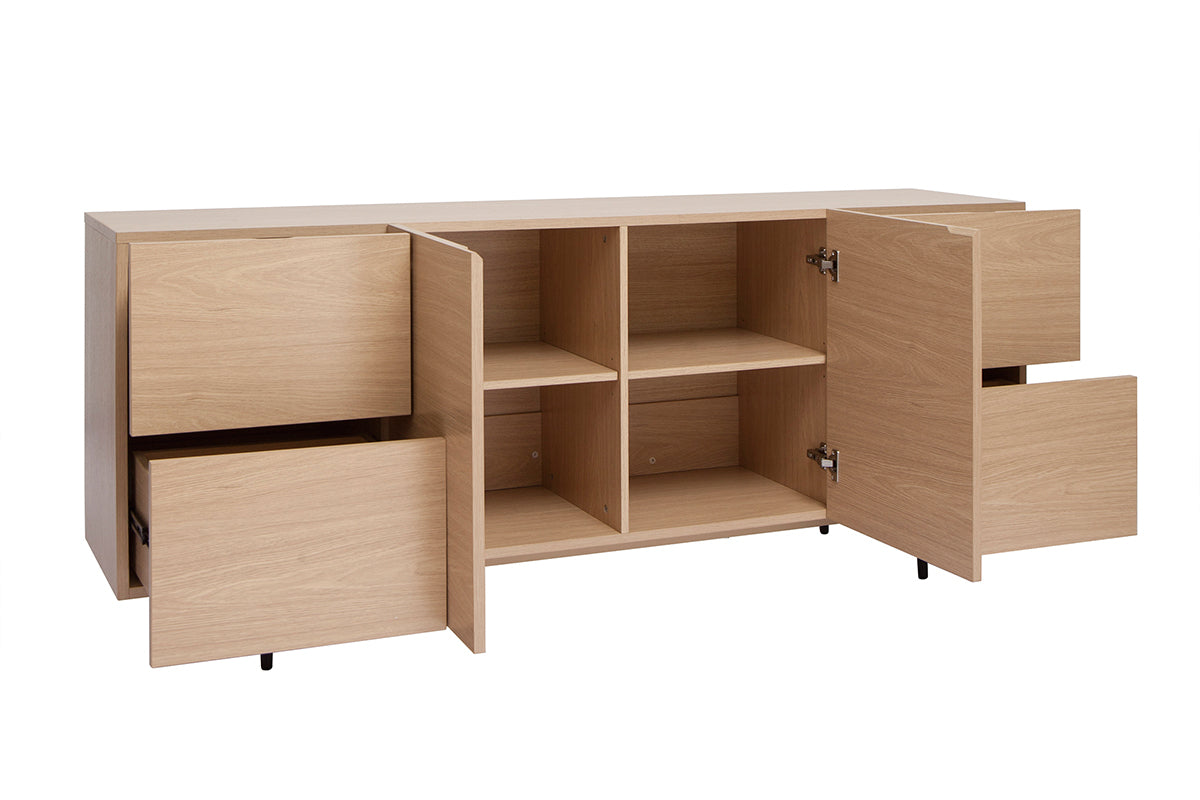 Buffet design finition bois clair chêne et métal noir 2 portes 4 tiroirs