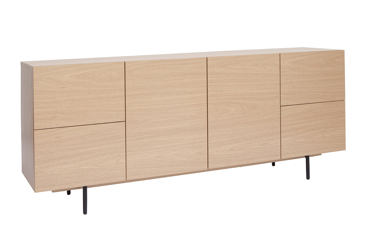 Buffet design finition bois clair chêne et métal noir 2 portes 4 tiroirs