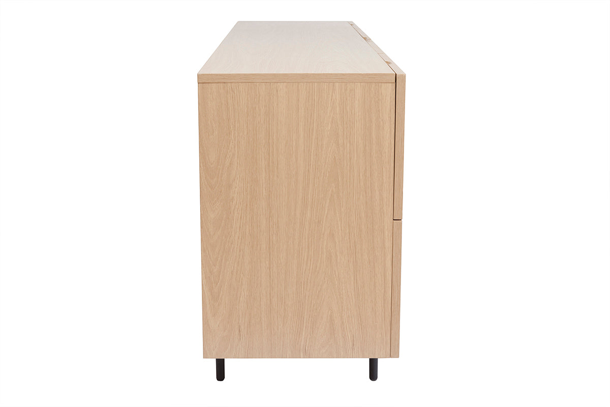 Buffet design finition bois clair chêne et métal noir 2 portes 4 tiroirs