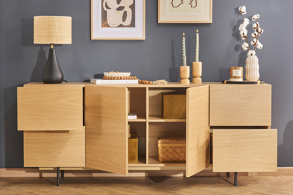 Buffet design finition bois clair chêne et métal noir 2 portes 4 tiroirs
