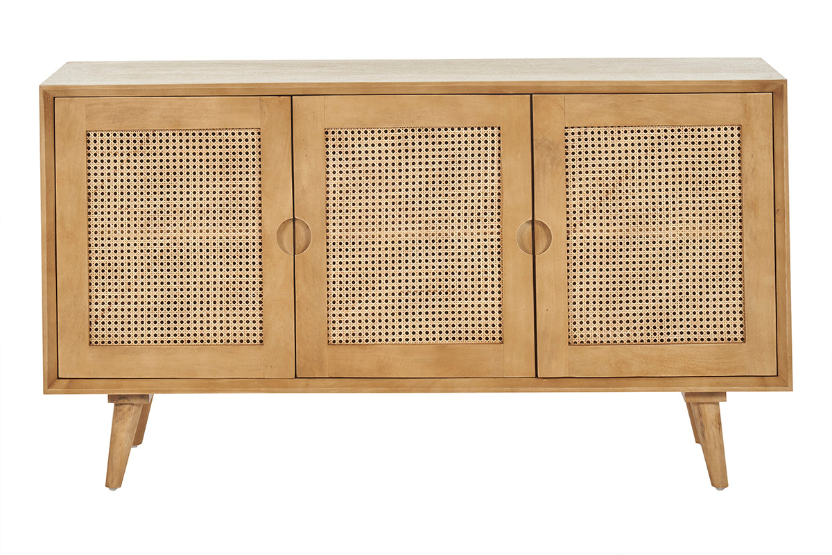 Buffet en bois manguier et cannage rotin 3 portes