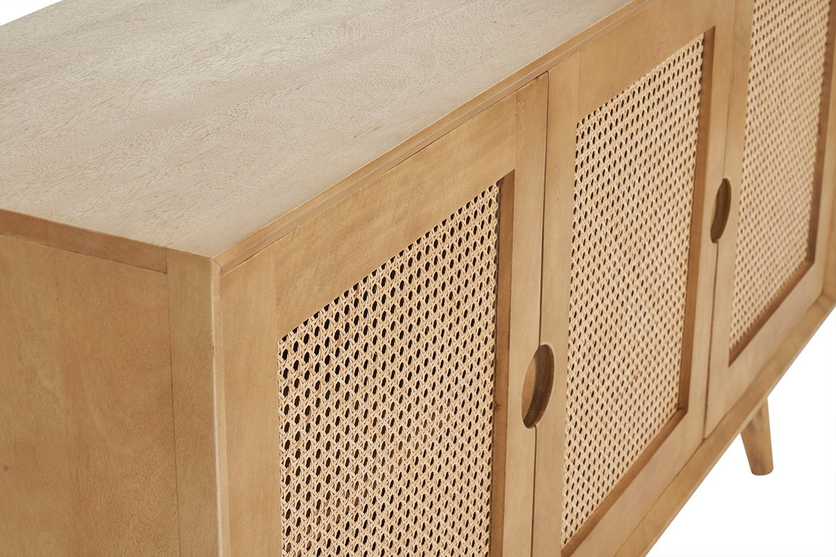 Buffet en bois manguier et cannage rotin 3 portes