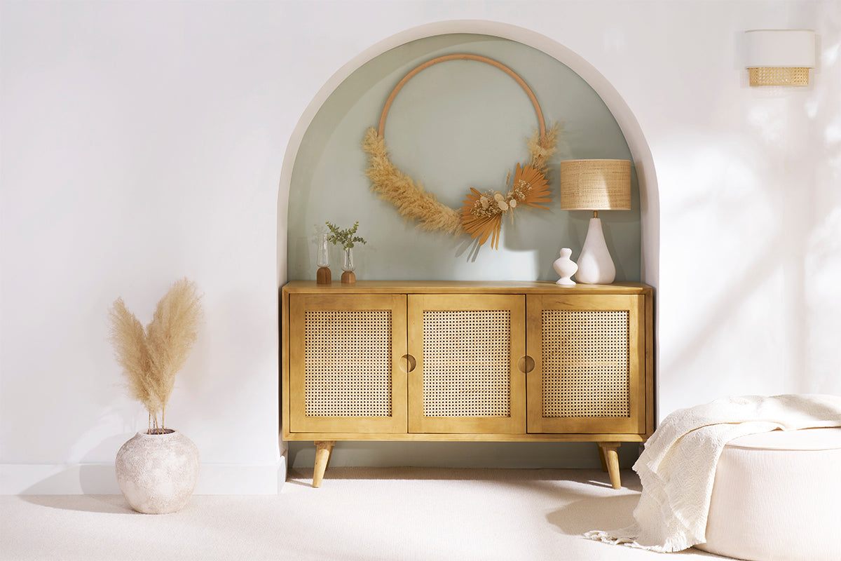 Buffet en bois manguier et cannage rotin 3 portes