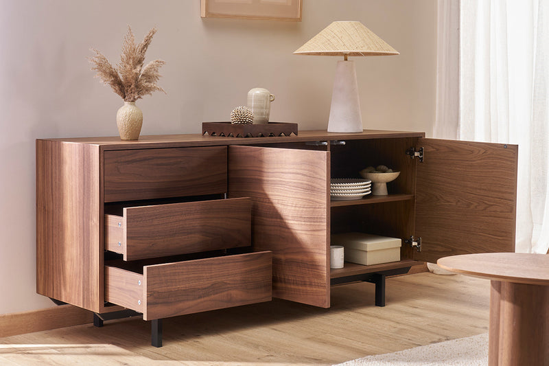 Buffet vintage finition bois chêne 2 portes 3 tiroirs