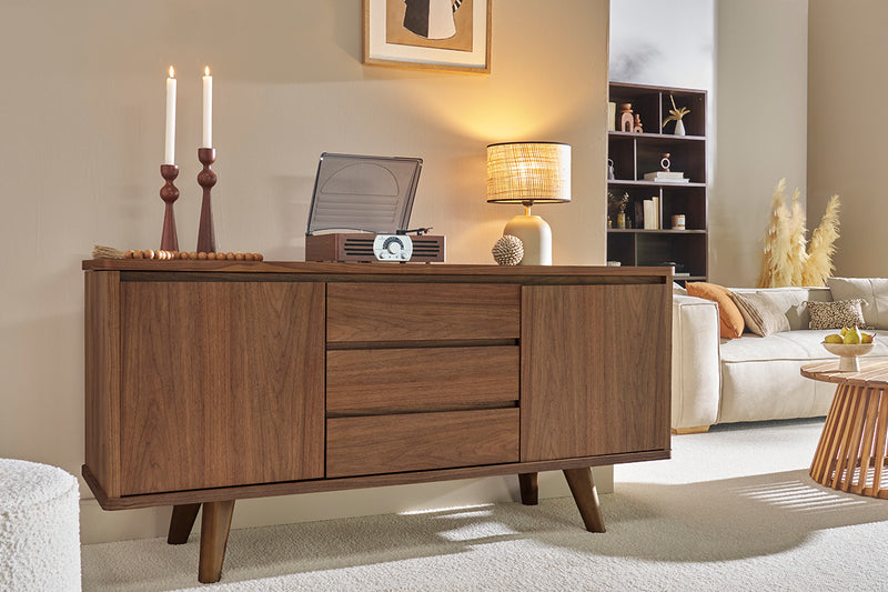 Buffet vintage en bois noyer 2 portes 3 tiroirs