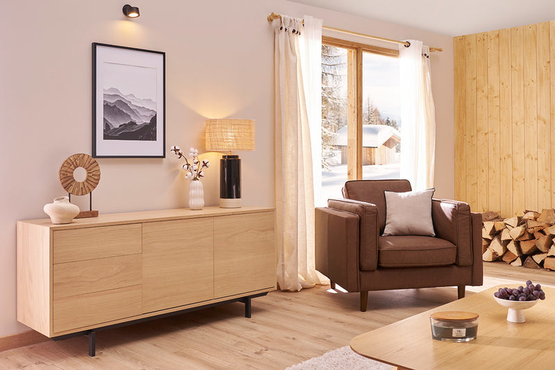 Buffet vintage finition bois chêne 2 portes 3 tiroirs