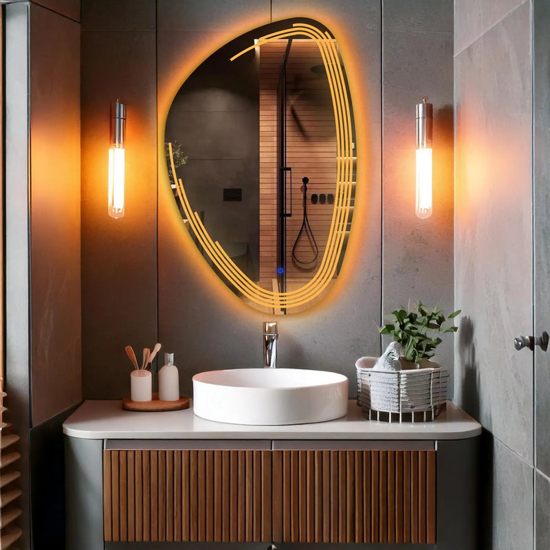 Miroir de salle de bain et lavabo LED sablé au laser Fractura