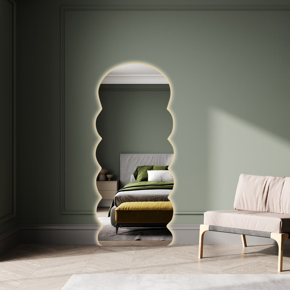 Miroir de sol ondulé avec éclairage LED