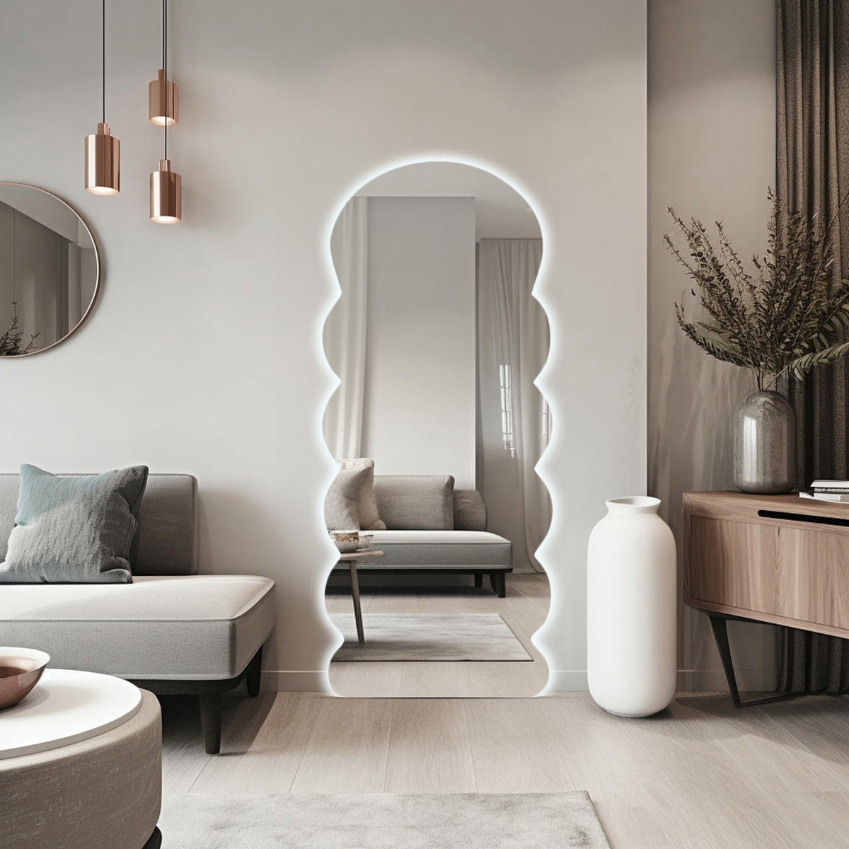 Miroir de sol ondulé avec éclairage LED