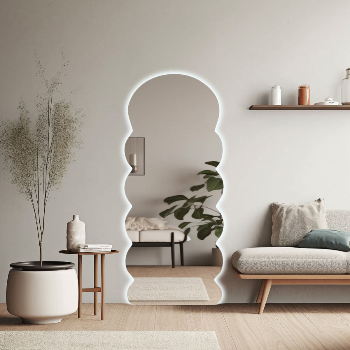 Miroir de sol ondulé avec éclairage LED
