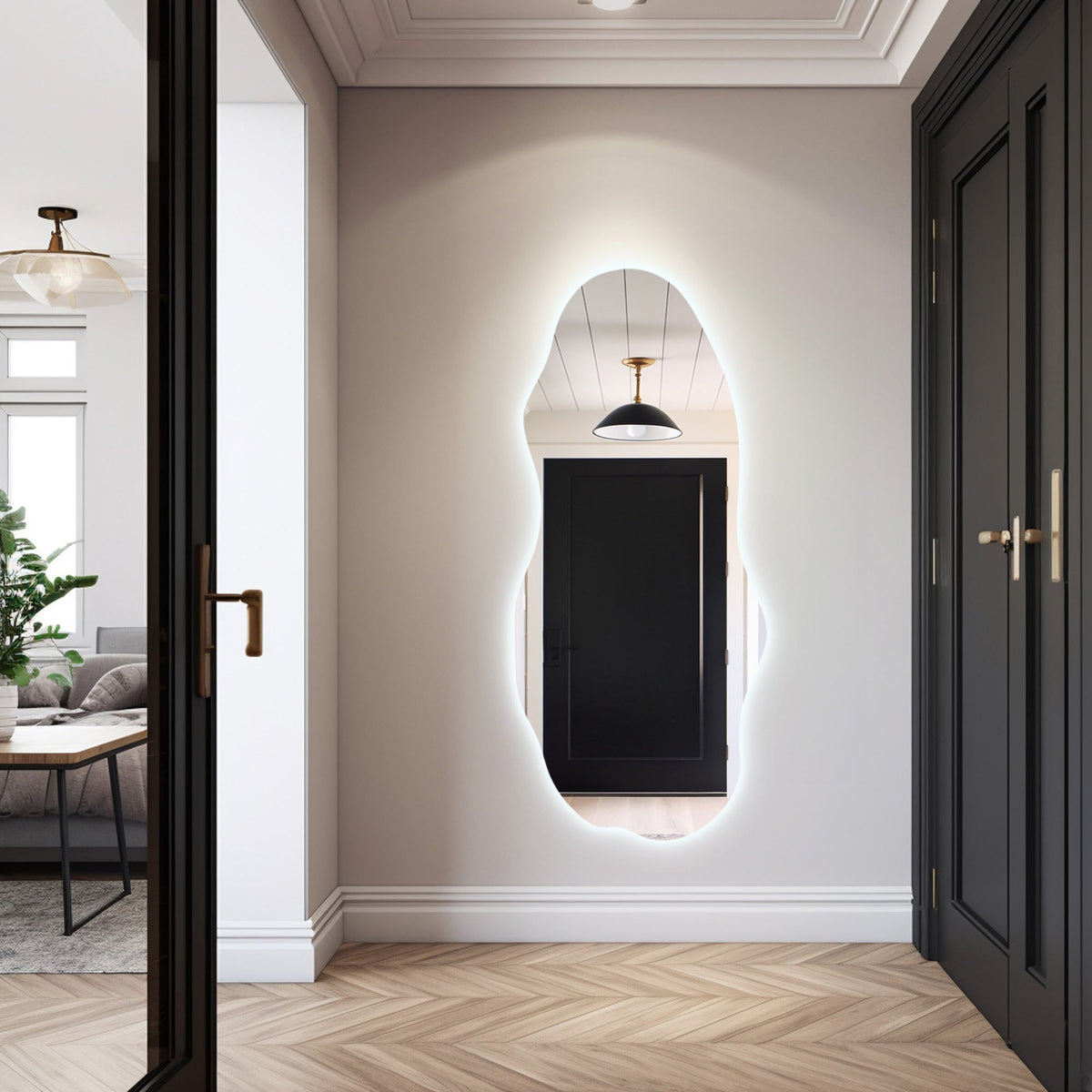 Grand miroir mural asymétrique avec lumières