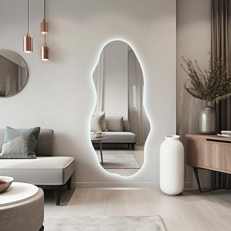 Grand miroir mural asymétrique avec lumières