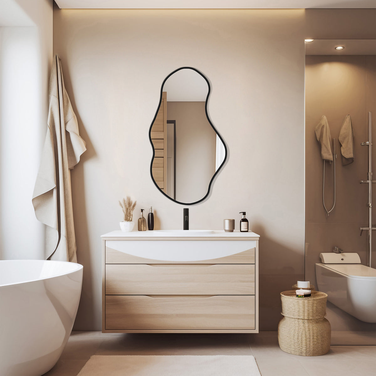 Miroir décoratif mural ondulé en Skaï noir