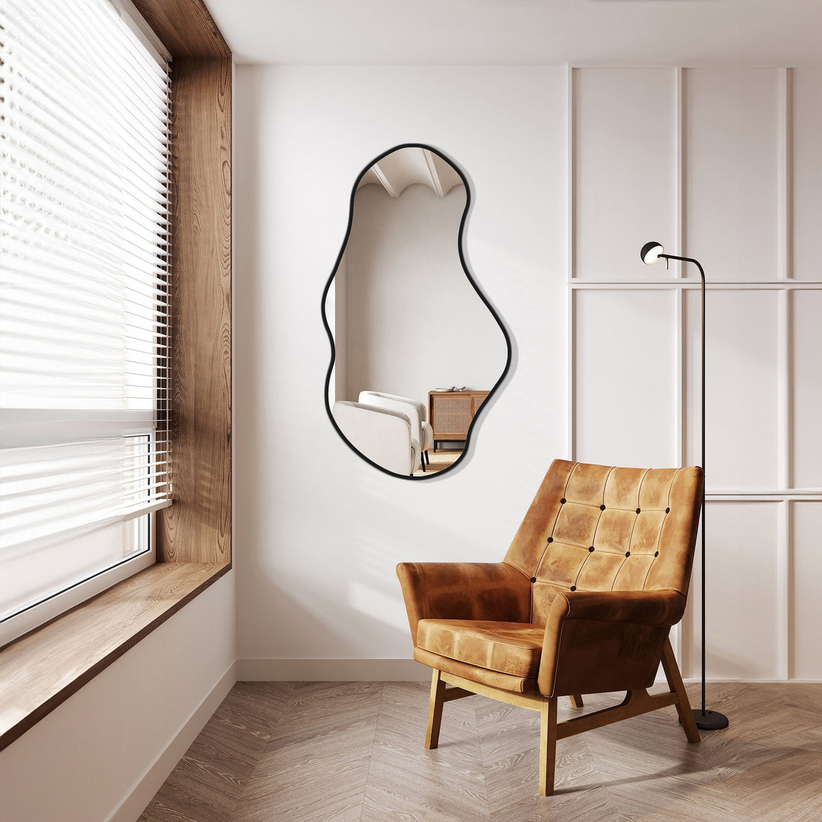 Miroir décoratif mural ondulé en Skaï noir
