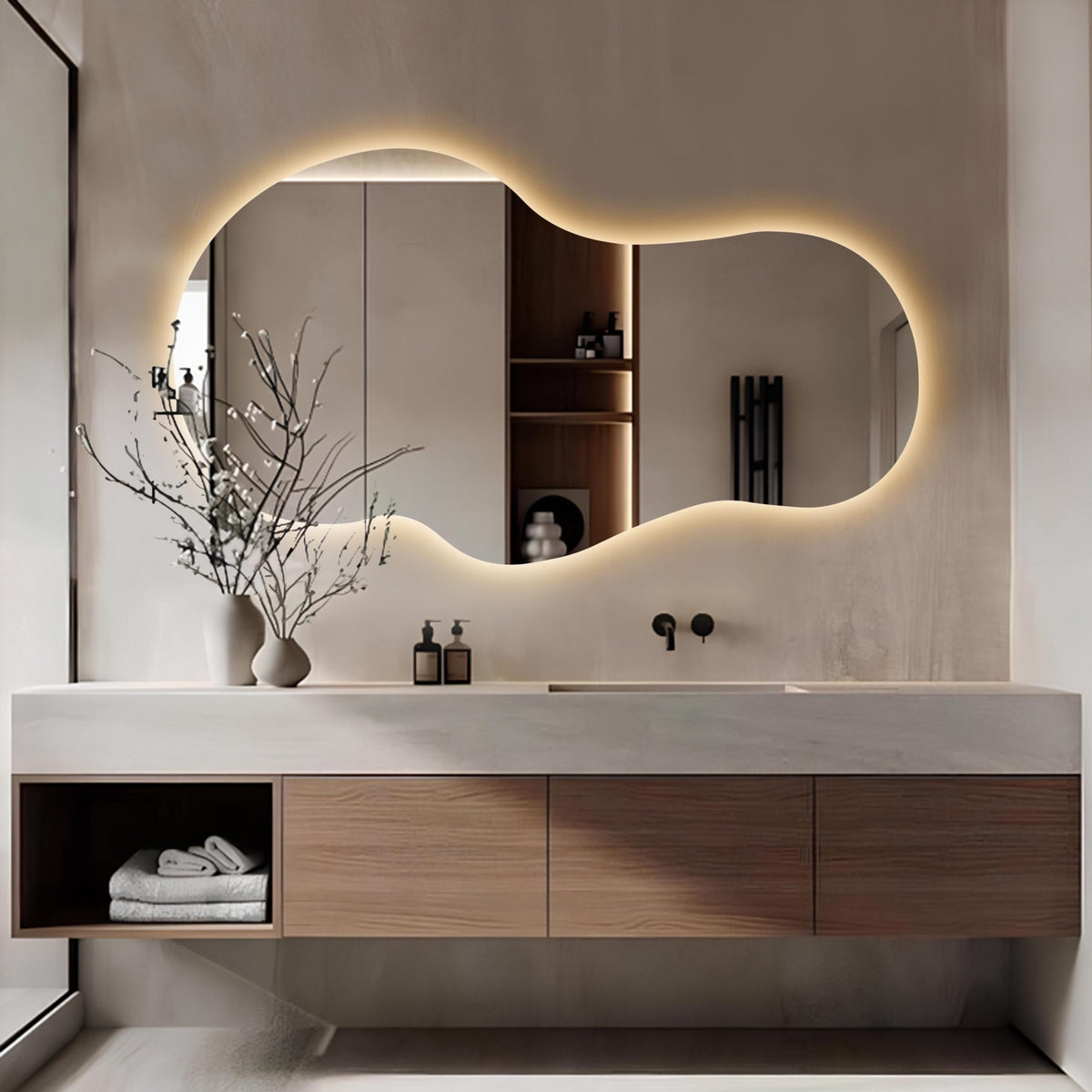Grand miroir asymétrique moderne suspendu pour salle de bain