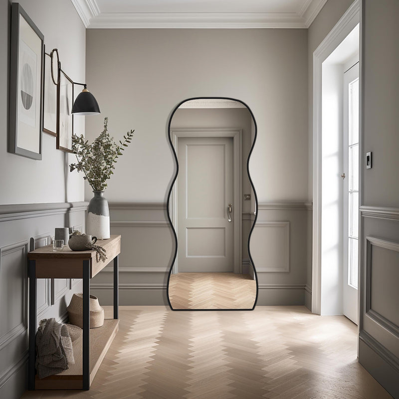 Miroir ondulé pleine longueur en skaï noir