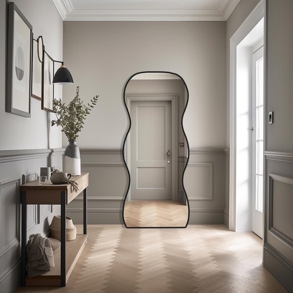 Miroir ondulé pleine longueur en skaï noir