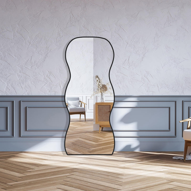 Miroir ondulé pleine longueur en skaï noir