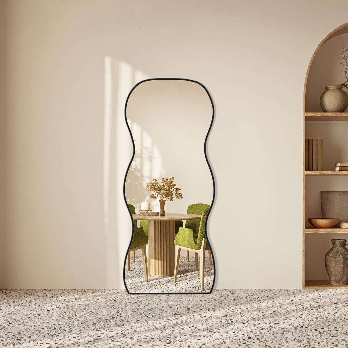 Miroir ondulé pleine longueur en skaï noir