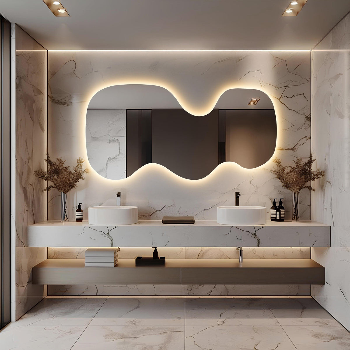 Grand miroir mural LED rétro-éclairé asymétrique ondulé