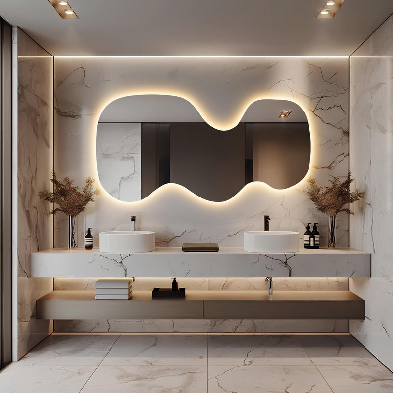 Grand miroir mural LED rétro-éclairé asymétrique ondulé