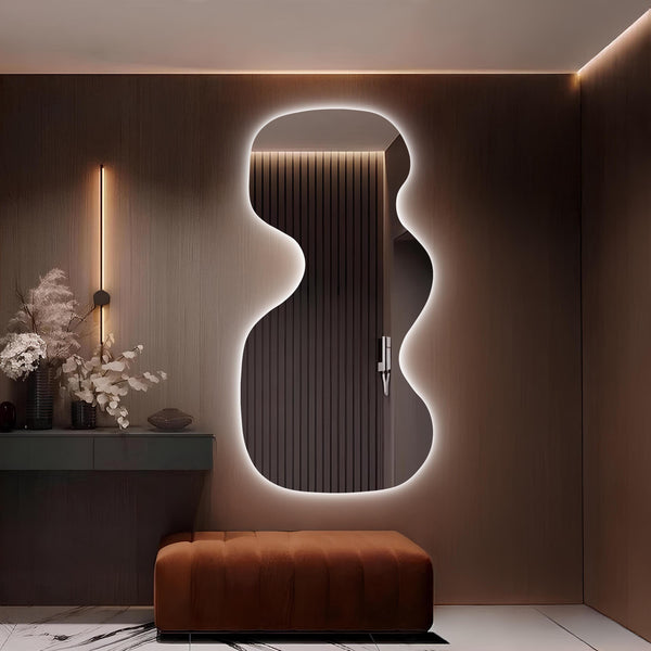 Grand miroir mural LED rétro-éclairé asymétrique ondulé