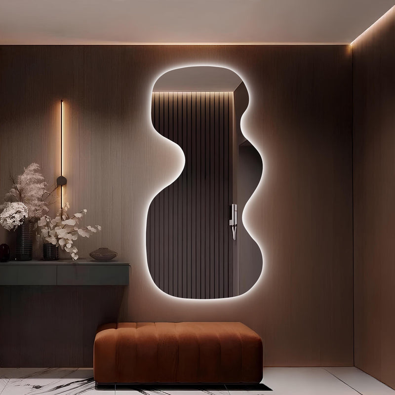 Grand miroir mural LED rétro-éclairé asymétrique ondulé