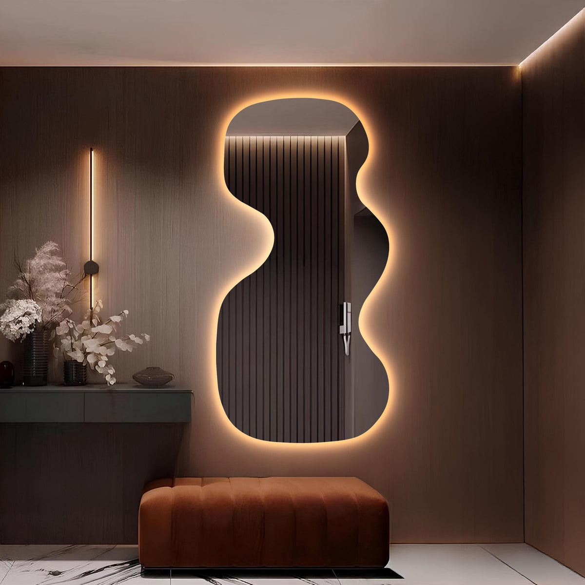 Grand miroir mural LED rétro-éclairé asymétrique ondulé