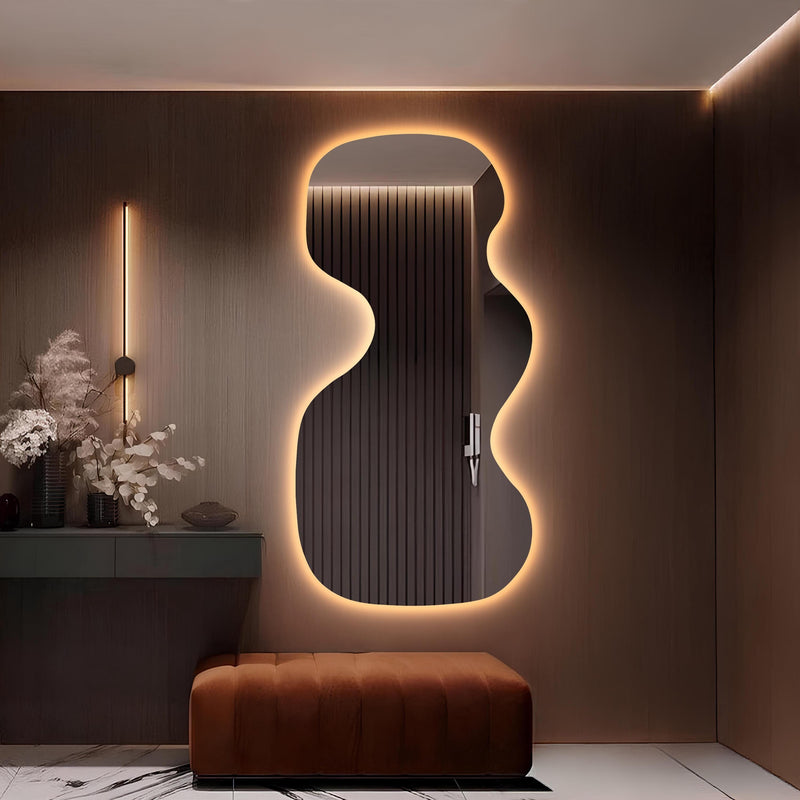 Grand miroir mural LED rétro-éclairé asymétrique ondulé